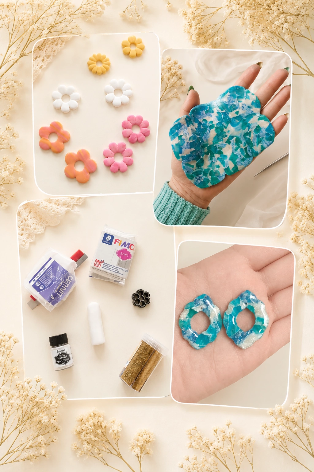 Étapes de création de bijoux en argile polymère dans l'atelier Haimy Créations